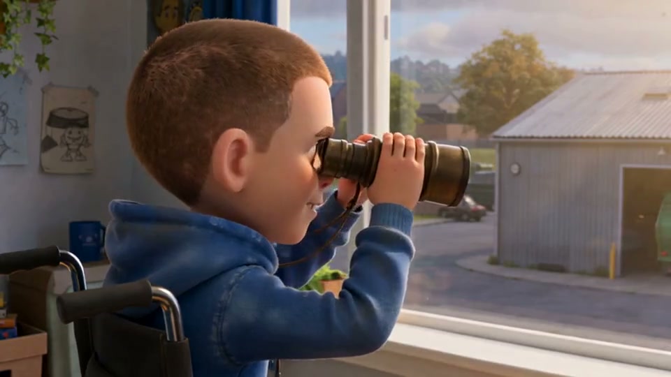 Kevin looks through his brass binoculars by his bedroom window, seated in his wheelchair